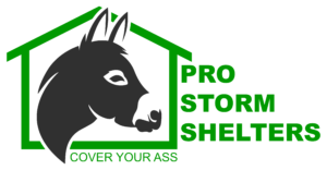 Pro Storm Shelters black donkey logo.