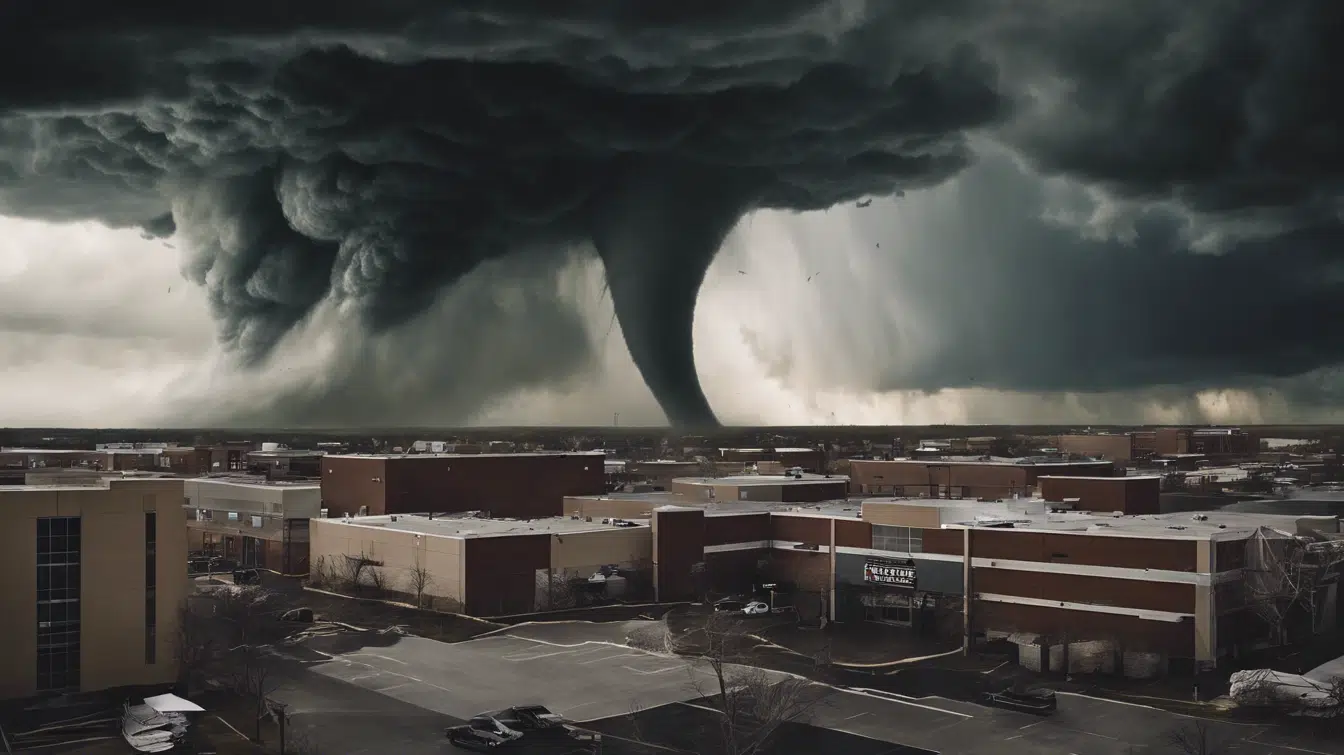 Tornado in the background behind a town